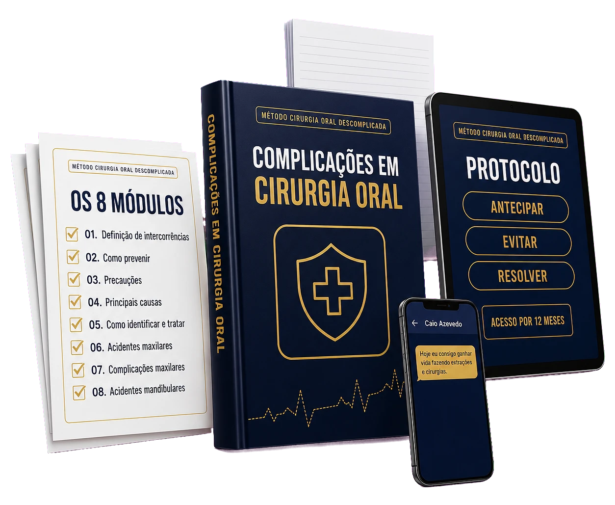 Mockup do curso Complicações em Cirurgia Oral em tablet, e-book e celular