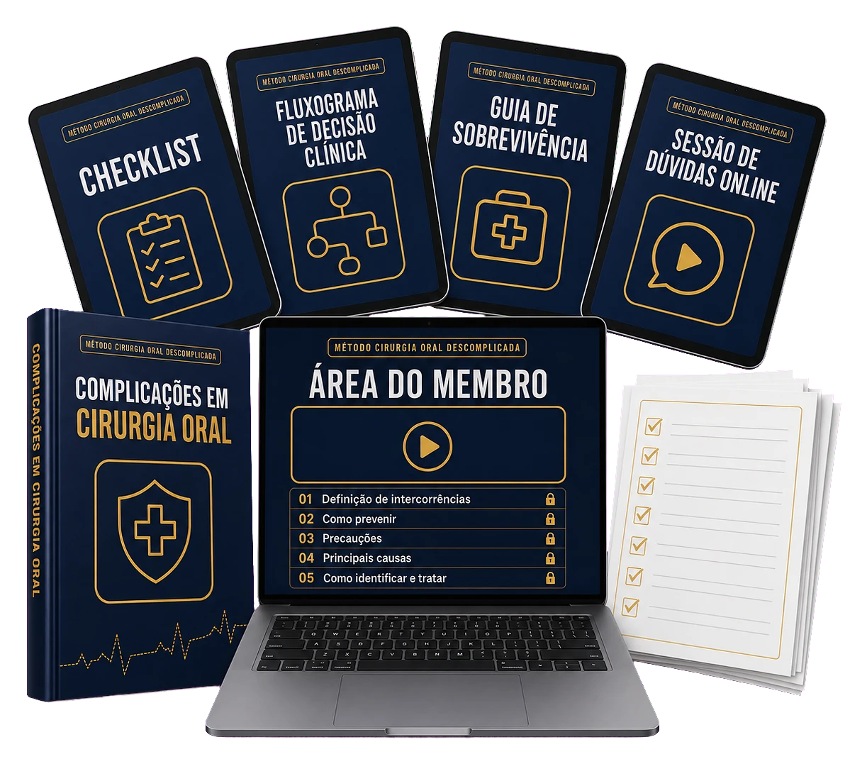 Tudo o que está incluso no Guia de Sobrevivência para Complicações em Cirurgia Oral: área de membros, e-book, checklist e fluxograma
